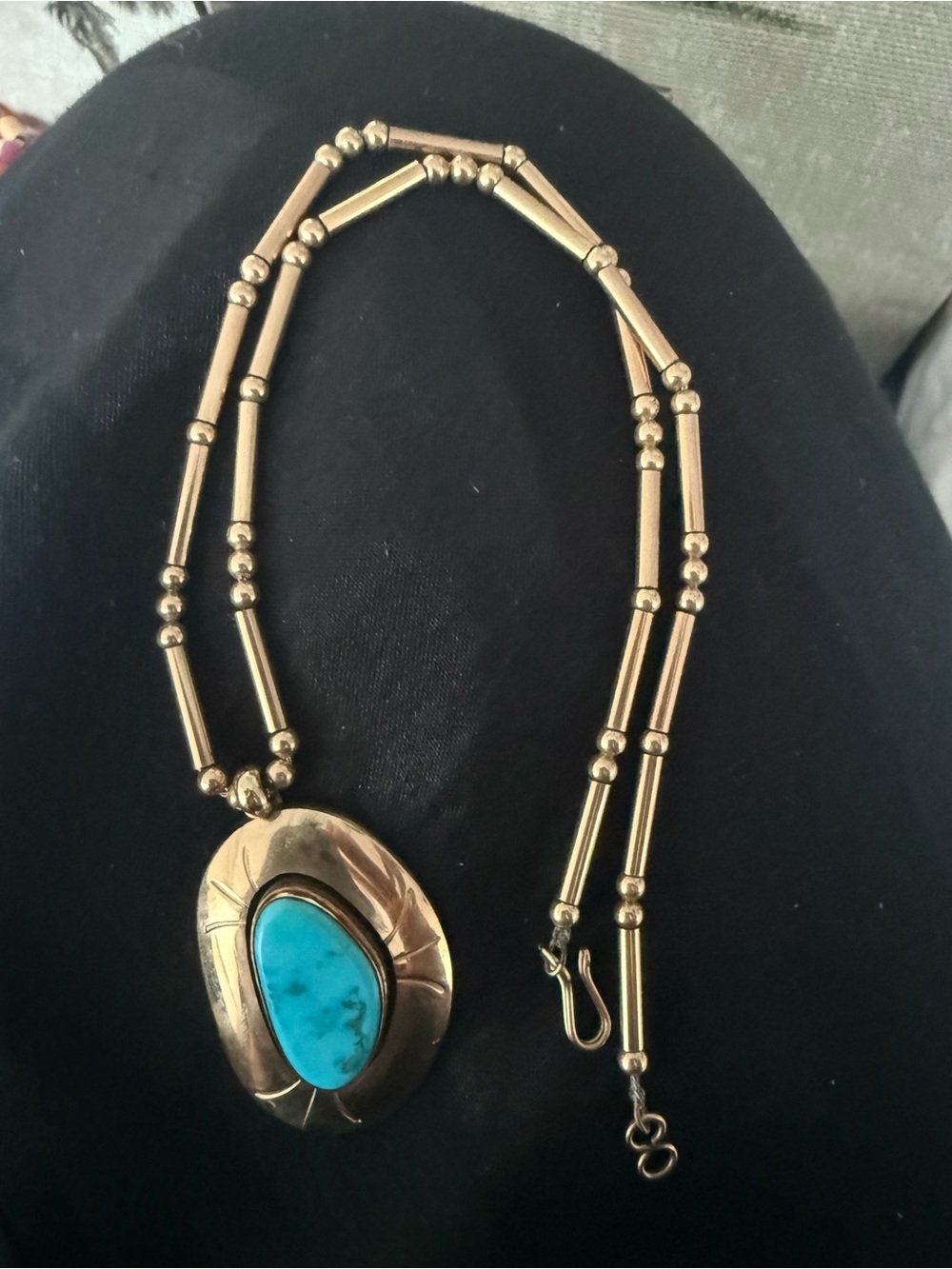 Turquoise Pendant Gold Necklace - signed Ray Garcia